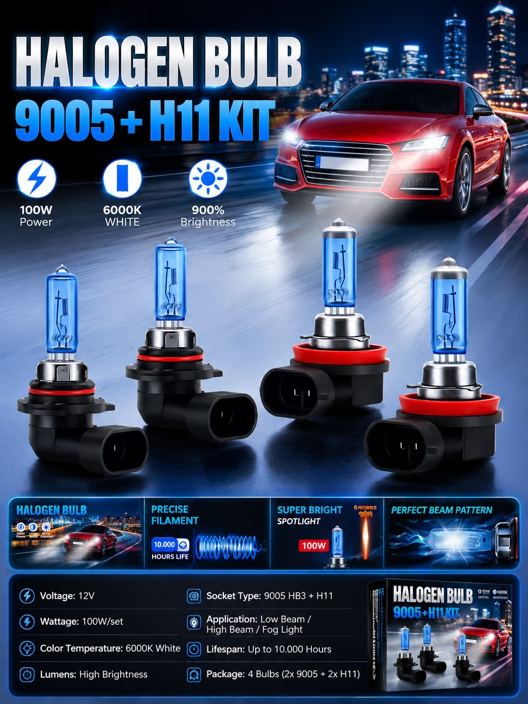 PrimeMotors Super White Halogen Bulb 6000K White Car Headlight