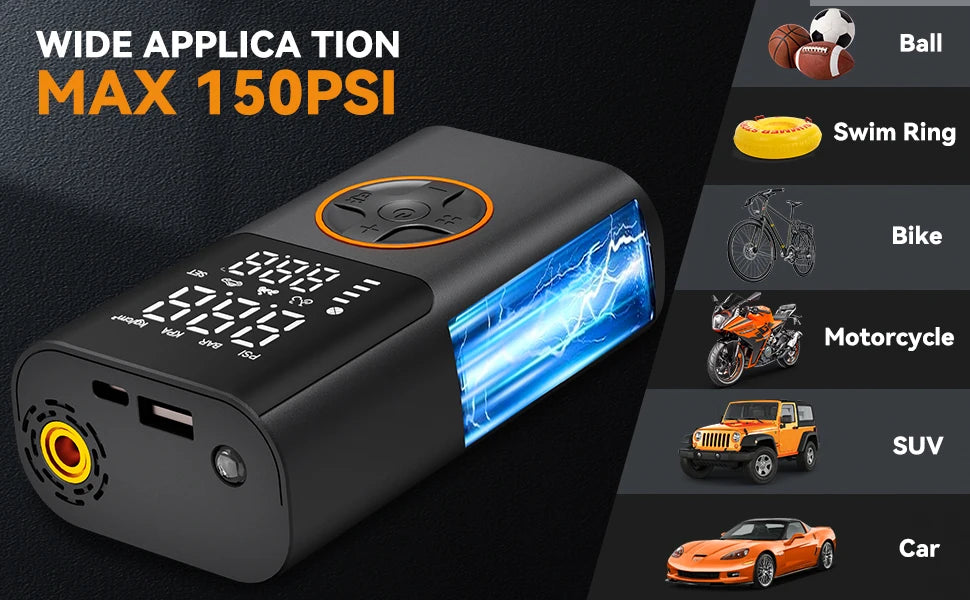Wireless Air Compressor 150PSI Air Pump Portable Digital Tire Inflator with USB Output for Car Motorcycle Bicycle Ball